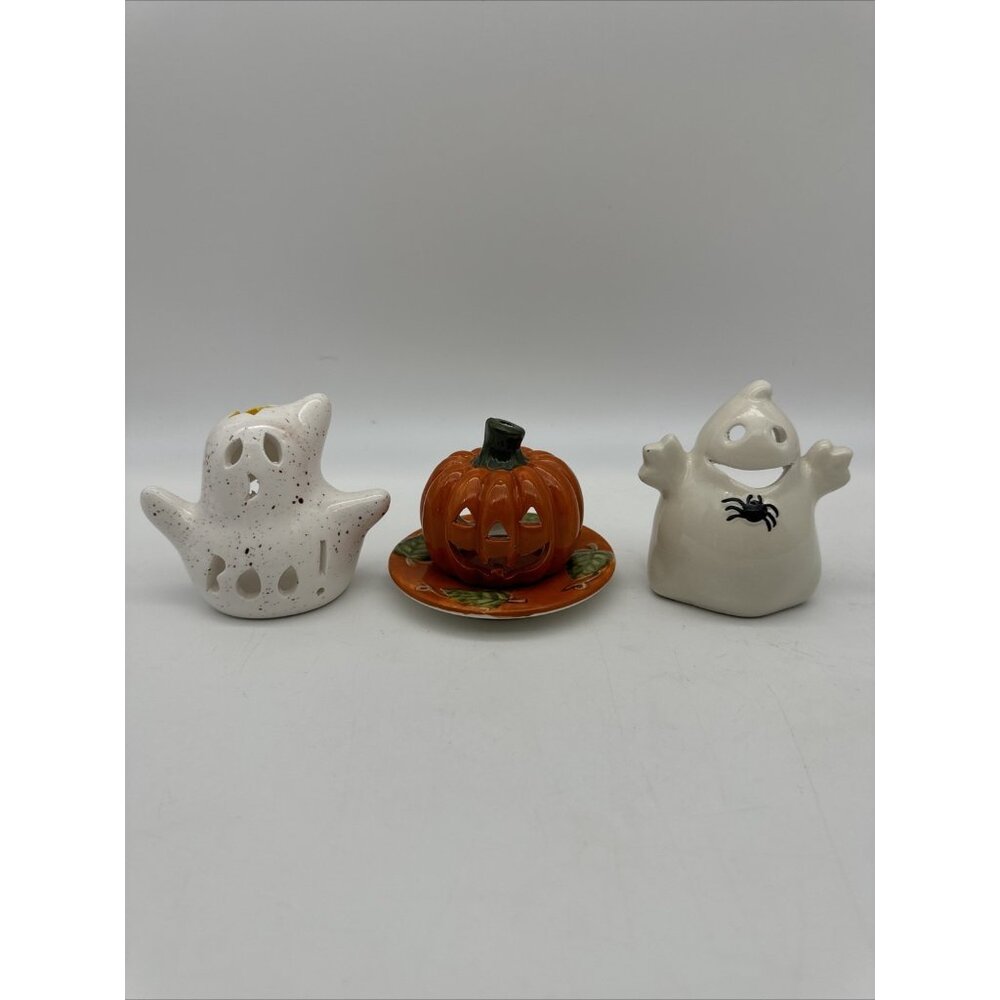 Vintage Darice Halloween Ceramic Pumpkin Ghost Mini Tealight Candle Set Of 3 HTF